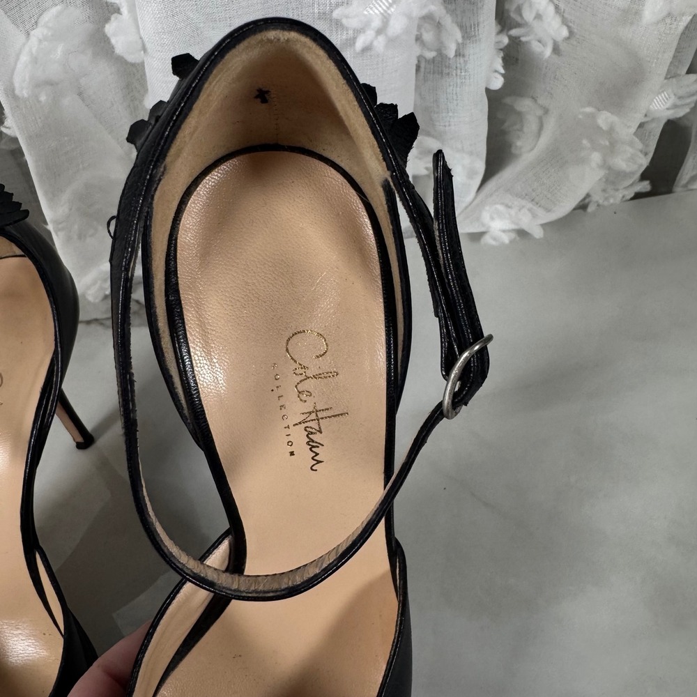 Cole Haan Collection Black Fringe Stiletto Heels Ankle Strap Pointed Toe Leather - Picture 15 of 15
